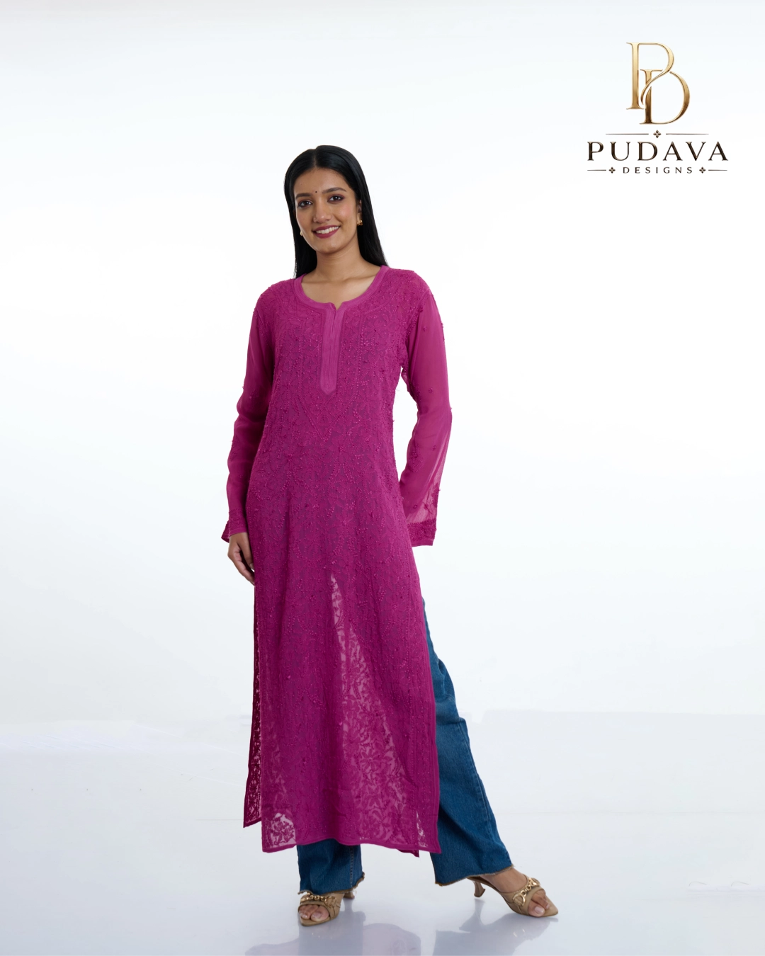 New Project (12) Georgette Chikankari Long Kurti - Image 1
