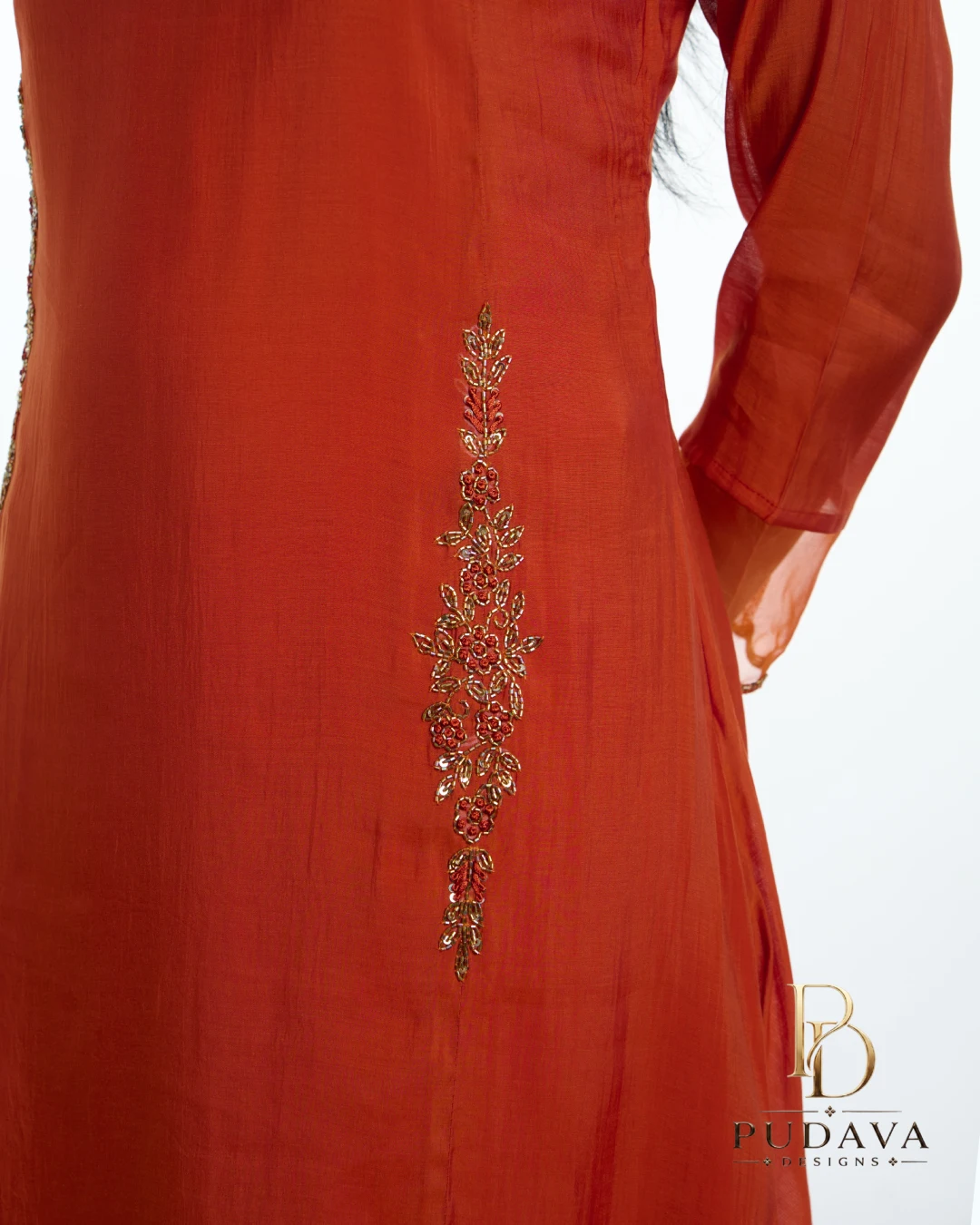 New Project (13) Rust Orange Hand-Embroidered Georgette churidhar set - Image 1