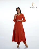 Rust Orange Hand-Embroidered Georgette churidhar set - Image 5
