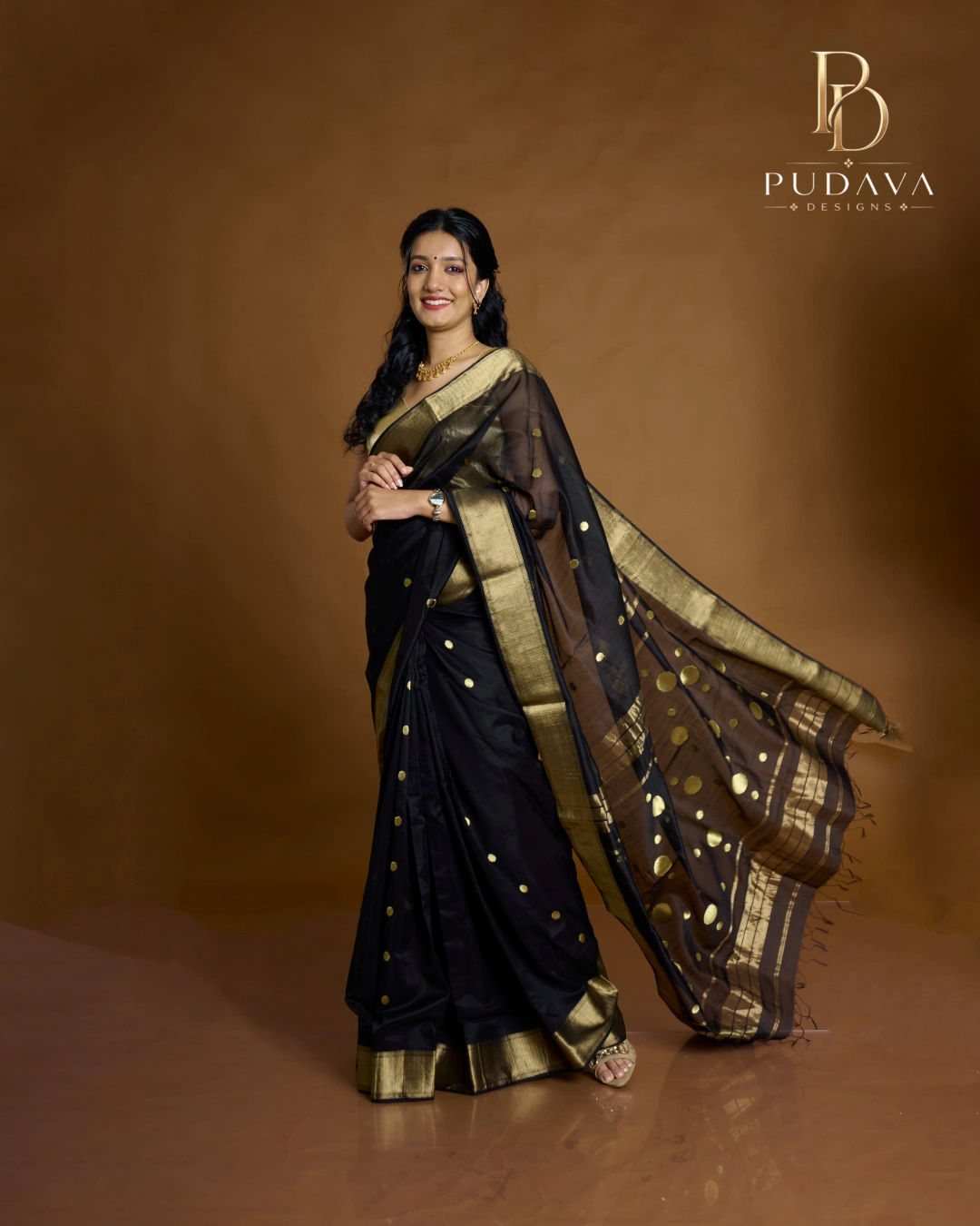 New Project (34) Black & Gold Chanderi Tissue Saree - Image 1