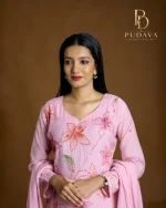 Baby Pink Hand-Painted Floral Georgette Kurti Set - Image 2