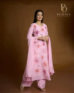 Baby Pink Hand-Painted Floral Georgette Kurti Set - Image 4