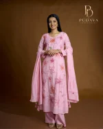 Baby Pink Hand-Painted Floral Georgette Kurti Set - Image 3