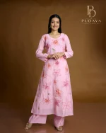 Baby Pink Hand-Painted Floral Georgette Kurti Set