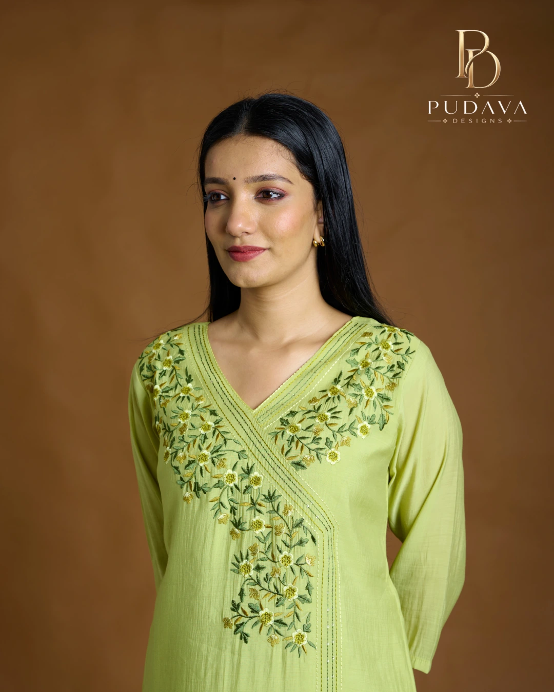 New Project (51) Lime Green Angrakha-Style Embroidered Kurti - Image 1