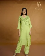Lime Green Angrakha-Style Embroidered Kurti - Image 3