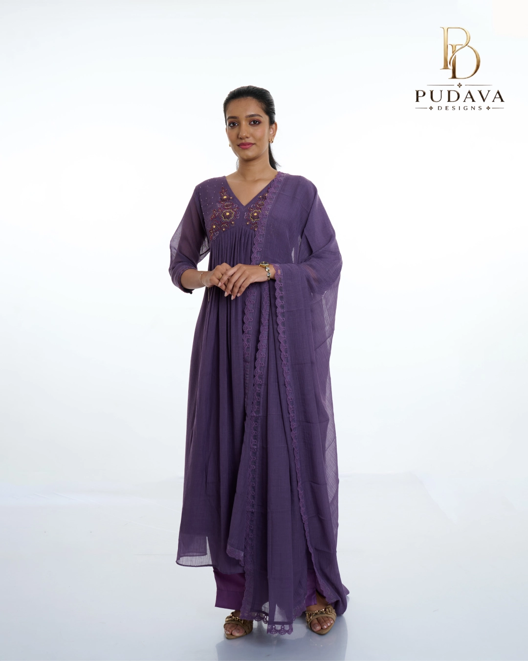 New Project (54) Deep Mauve Gathered Georgette Anarkali Suit Set - Image 1