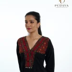 Black Cotton Kurti with Maroon Kalamkari Yoke