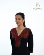 Black Cotton Kurti with Maroon Kalamkari Yoke