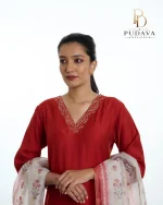 Brick Red Pearl-Embroidered Chanderi Silk Suit Set