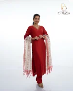 Brick Red Pearl-Embroidered Chanderi Silk Suit Set - Image 2