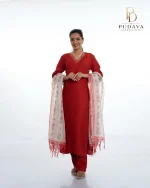 Brick Red Pearl-Embroidered Chanderi Silk Suit Set - Image 3