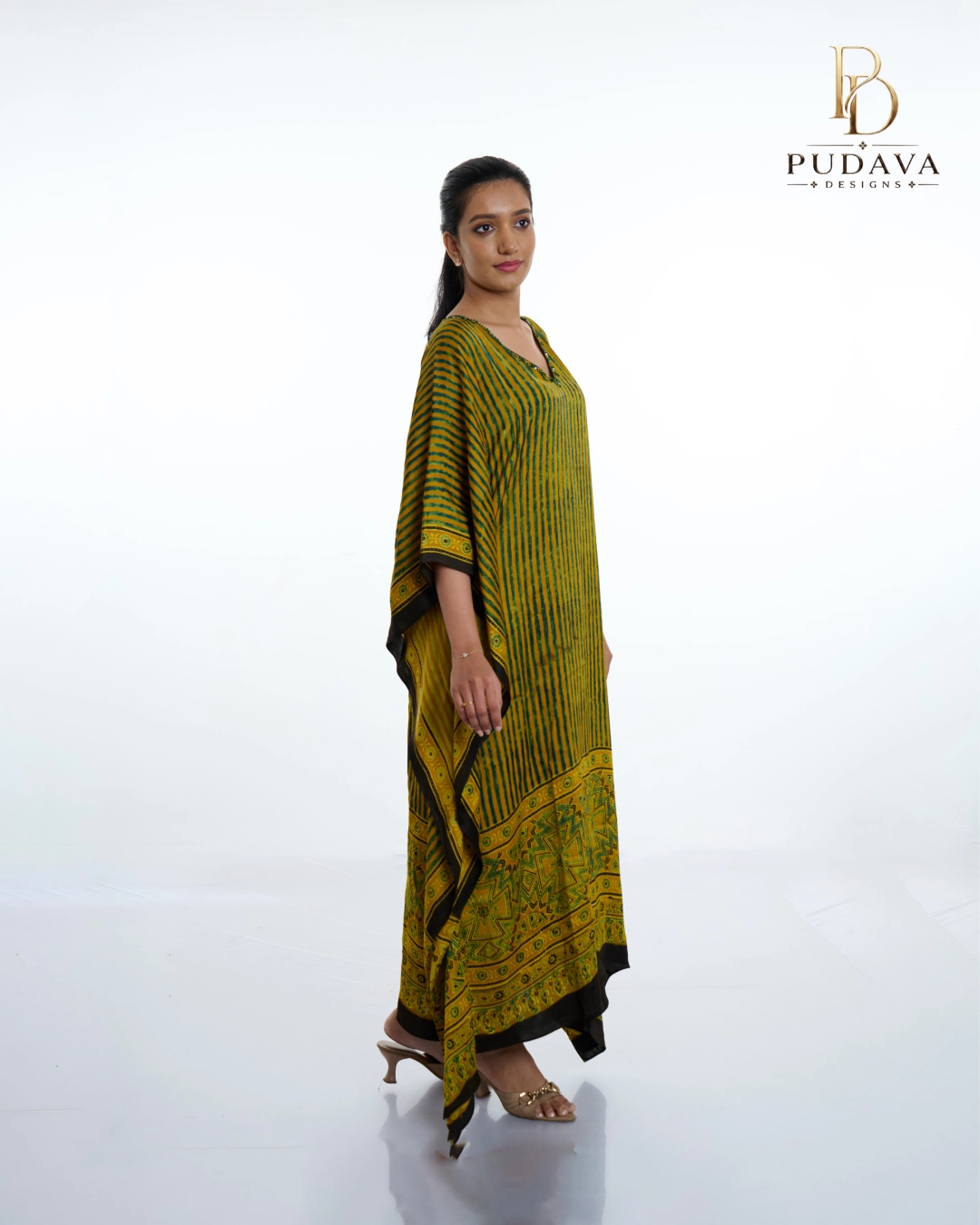 New Project (66) Mustard & Olive Ajrakh Print Kaftan Dress - Image 1