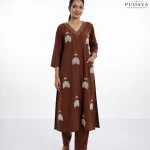 Chocolate Brown Embroidered Cotton Silk Kurta Set