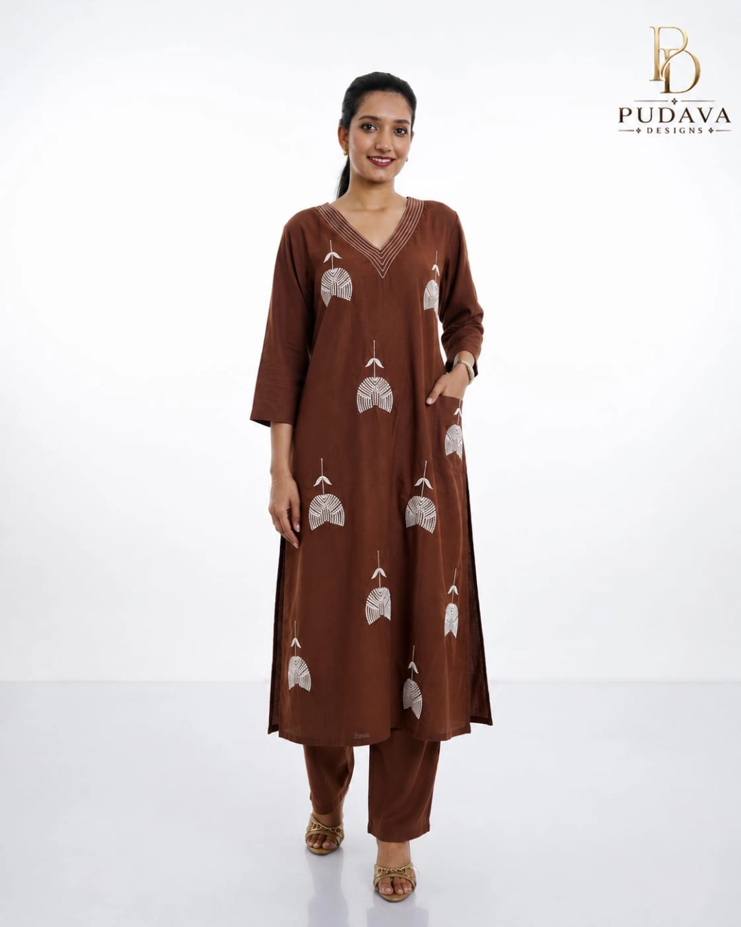 New Project (82) Chocolate Brown Embroidered Cotton Silk Kurta Set - Image 1